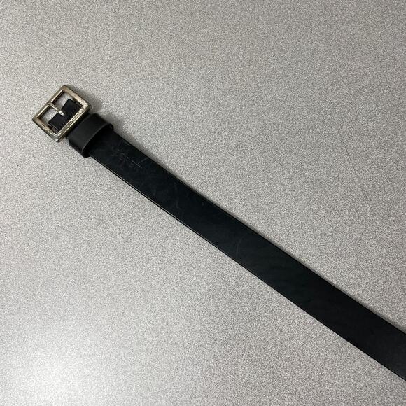 J Crew Leather Belt Mens 28 Black Silver Buckle Embossed Logo Preppy Classic * - Picture 4 of 11